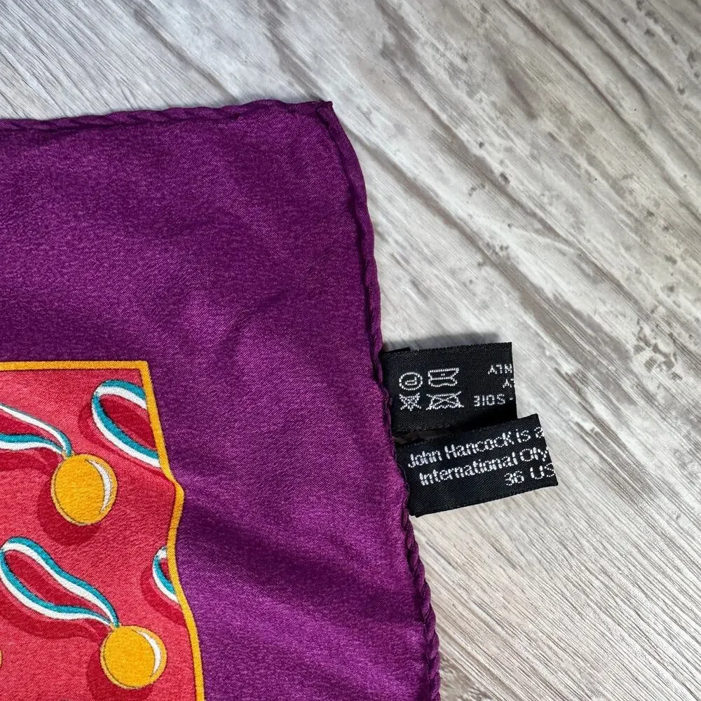 Vintage John Hancock Olympic Silk Scarf Purple Medal Print 33x33 Retro 80s 90s